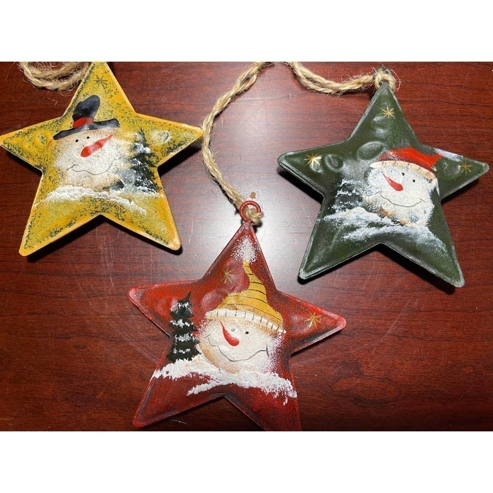 3 Vintage Metal Country Christmas Stars With Hand Painted Snowmen & Jute Hangers - Picture 2 of 5